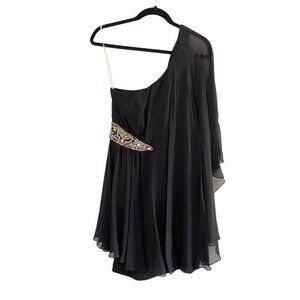Marchesa Notte Size 4 Silk Black One Shoulder Cape Mini Dress Rhinestones Draped